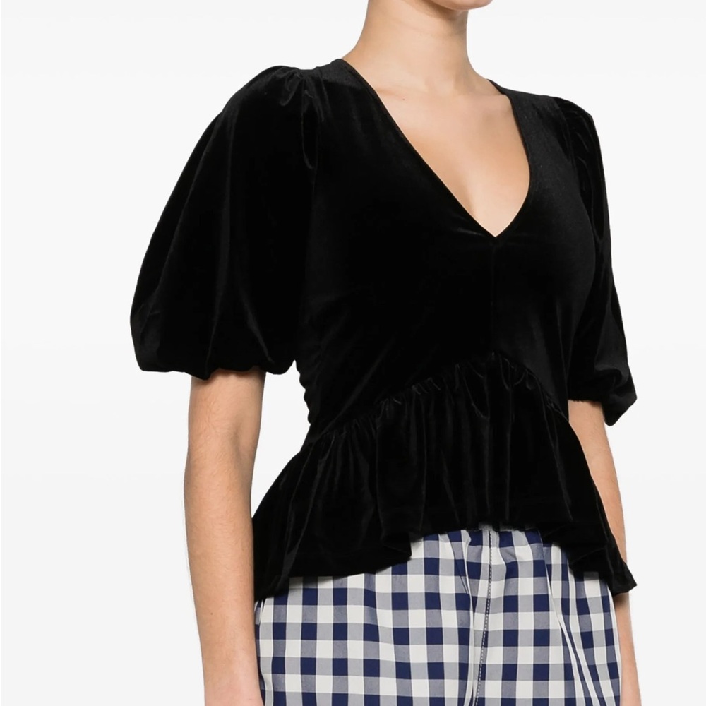 GANNI V-Neck Black Velvet Top